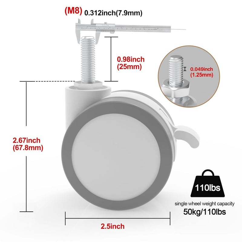 JOY worker Lockable Stem Caster Wheels Set of 4, Metric M8 Nylon Threaded Swivel Caster, 2.5 Inch Stem Casters Replacement for Standing Desk & Mobile Desk, Each Load Capacity 110lbs, White - Image 2